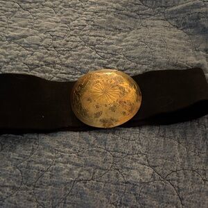 Stretch Black Belt with Gold Floral Motif Buckle